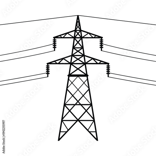 Black and white illustration of a high voltage electricity transmission tower