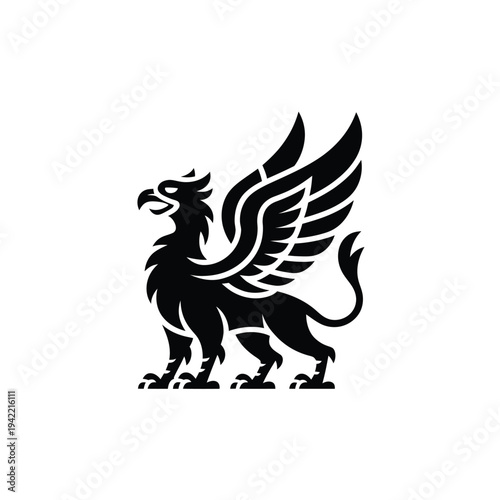 A striking black silhouette of a griffin in profile view