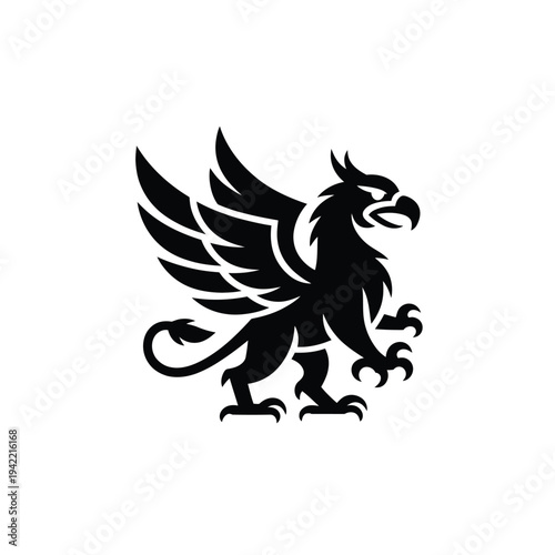 Elegant black silhouette of a griffin with spread wings and clawed feet