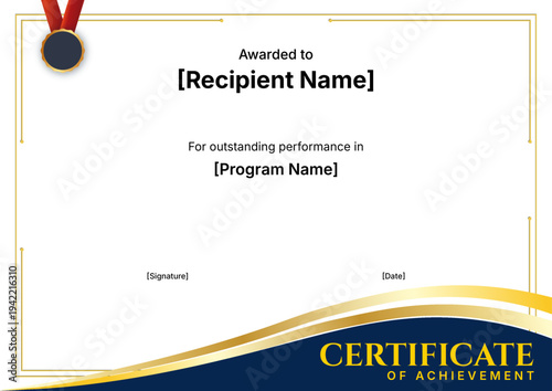 Certificate of Achievement Awarded vector template design to Recipient Name for Outstanding Performance.