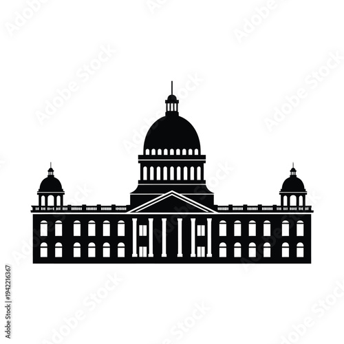 Silhouette of a classical capitol building against a white background