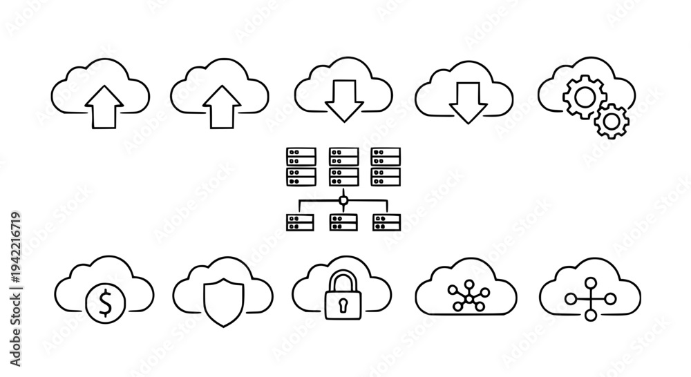 Obraz premium Minimalist Cloud Computing Line Icon Set Vector Illustration