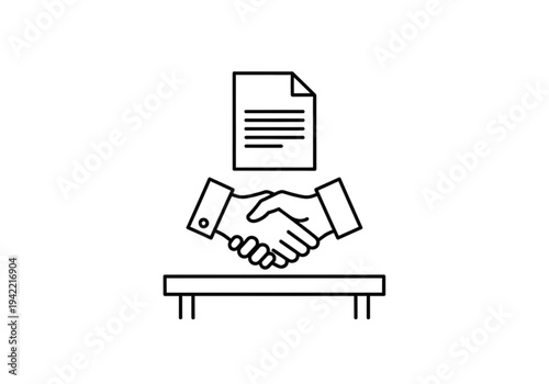 Handshake over table with contract document icon, outline style for business agreement and legal deal concepts