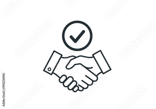 Handshake icon with checkmark, thin outline style for business agreement, partnership, and successful deal concepts
