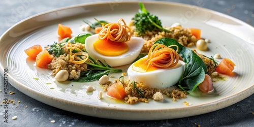 Wallpaper Mural Gourmet Soft Boiled Eggs with Crispy Garnish and Fresh Greens on Elegant Plate Torontodigital.ca