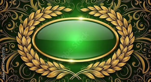 Elegant Green and Gold Laurel Wreath Frame Background.