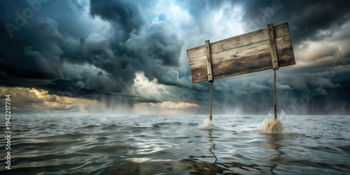 Wallpaper Mural A weathered wooden sign, suspended by rope, bobs in turbulent waters under a dramatic, stormy sky, suggesting a message lost to the tempest Torontodigital.ca