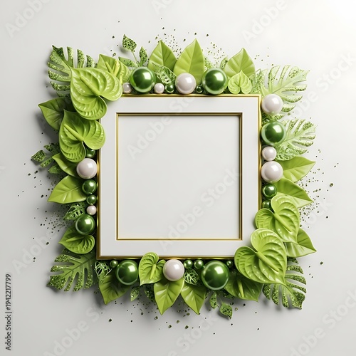 Elegant Green Leaves and Pearls Frame with Gold Border.