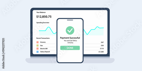Modern flat SaaS illustration of a digital wallet ecosystem. Smartphone displays a mobile payment interface alongside a laptop showing transaction analytics and balance summaries.