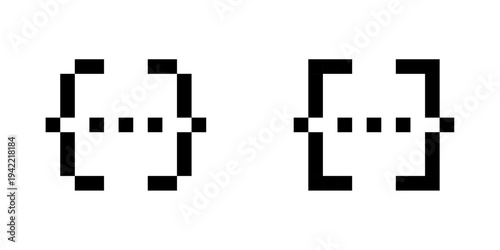 Pixel braces icons set, 8-bit code bracket symbols, retro blocky programming syntax icons
