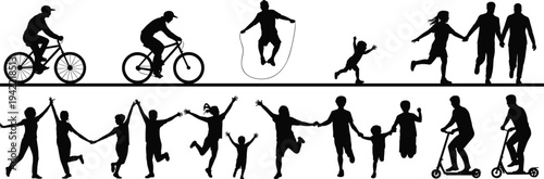 People and children outdoor activity silhouettes collection with cycling, jumping rope, running, scooter riding and family fun isolated vector set