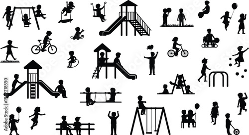 Children playground and activity silhouettes collection with kids playing, cycling, swings, slides and outdoor fun isolated vector illustration set
