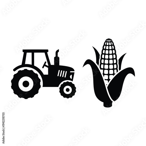 Illustration of black silhouette of a tractor and an ear of corn