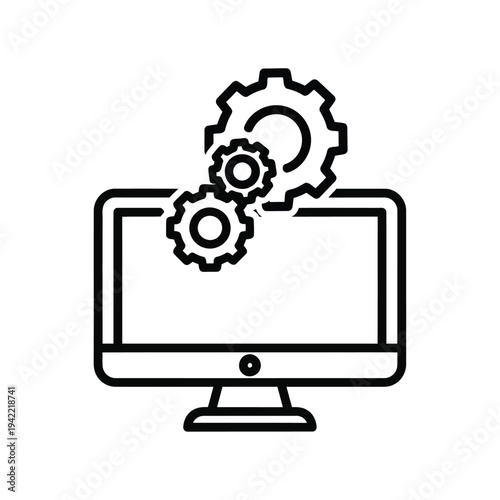 Illustration of black line icon of computer monitor with gears on screen