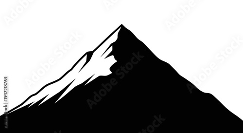 Black silhouette of a majestic mountain peak with snow on white background