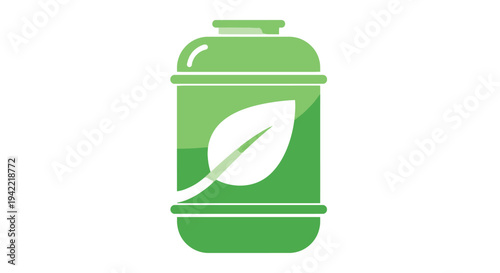 Green energy battery icon with leaf symbol on white background