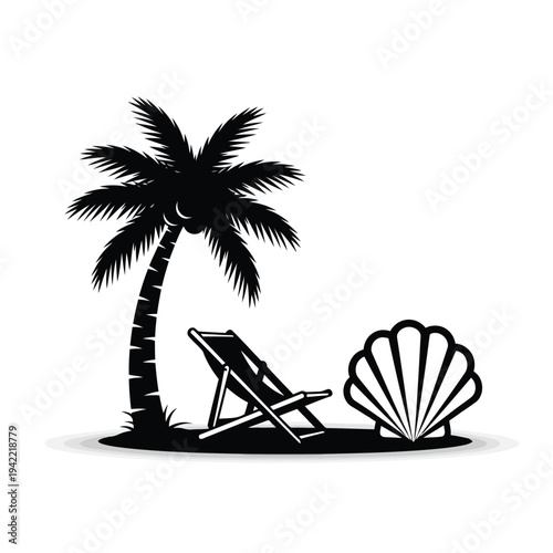 Illustration of black silhouette of beach chair under palm tree with seashell