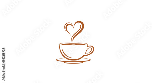 Coffee cup with heart steam, love for coffee, warm beverage, morning drink, brown illustration