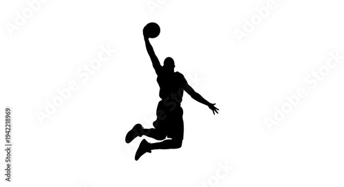 Basketball player silhouette dunking on white background