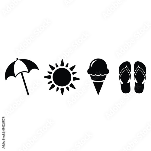 Illustration of black icons of umbrella, sun, ice cream and flip flops