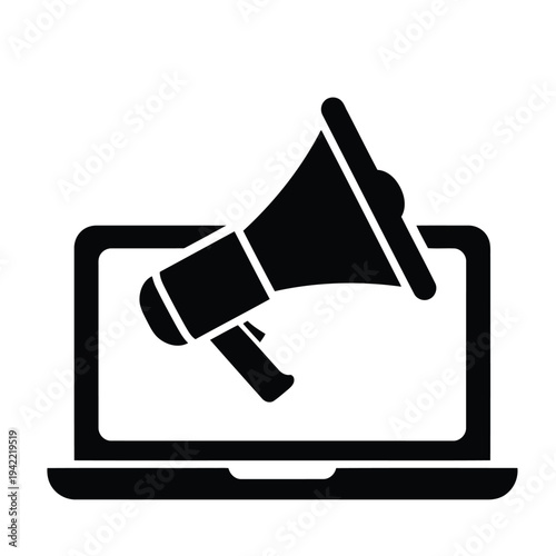Illustration of black megaphone icon on a laptop computer screen graphic design element