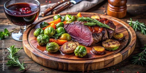 Wallpaper Mural A succulent roasted meat entree served on a rustic wooden board, accompanied by roasted Brussels sprouts, root vegetables, and a rich red wine reduction sauce. Torontodigital.ca