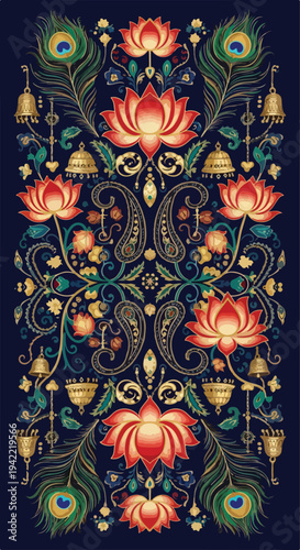 Vibrant floral pattern with lotus flowers, peacock feathers, and intricate golden designs on a dark blue background, showcasing a mix of colorful and ornate elements