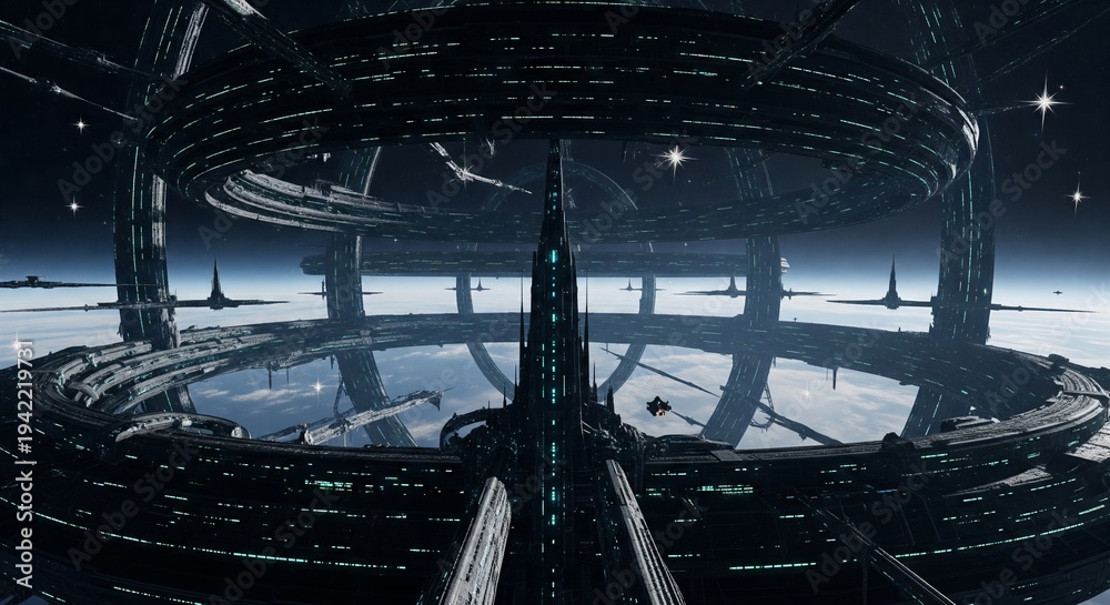 Fototapeta premium Futuristic space station interior with panoramic window view of planet and stars. Concept of space exploration, advanced civilization, sci fi technology future