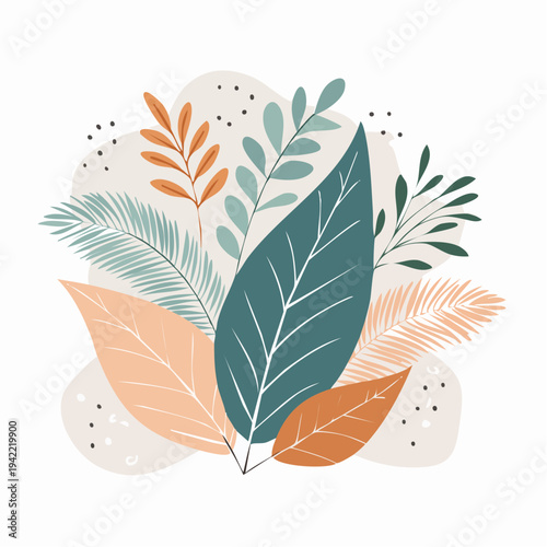 Composición floral abstracta con hojas tropicales en tonos pastel y terracota sobre fondo blanco.