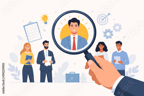Corporate Recruitment Process Vector Illustration with a Hand Holding a Magnifying Glass Zooming in on a Successful Candidate Among a Group of Diverse Job Applicants for Hiring and Talent Search.