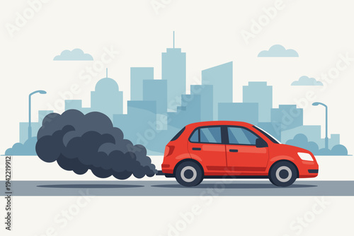 Red car emitting thick black smoke on a city street with a skyscraper skyline background. Vector illustration of air pollution, carbon emissions, and environmental impact in urban areas.