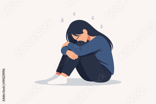 Vector illustration of a depressed and sad young woman sitting on the floor hugging her knees with her head down, representing mental health issues, loneliness, grief, and emotional distress.