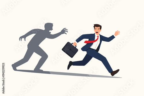 Businessman Running Away in Fear from His Own Monster-Like Shadow, Representing Inner Demons, Anxiety, and Psychological Stress in a Professional Setting. Flat Vector Illustration Concept.