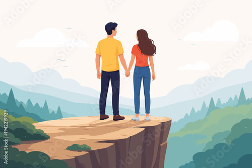 Simple flat vector illustration of a romantic couple, man and woman, holding hands and standing on the edge of a cliff abyss, looking at a scenic mountain landscape under a bright cloudy sky.