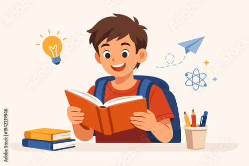 Happy schoolboy student reading an orange book with a backpack, surrounded by educational icons like a lightbulb, atom, and paper plane. Simple flat vector illustration for school and learning.