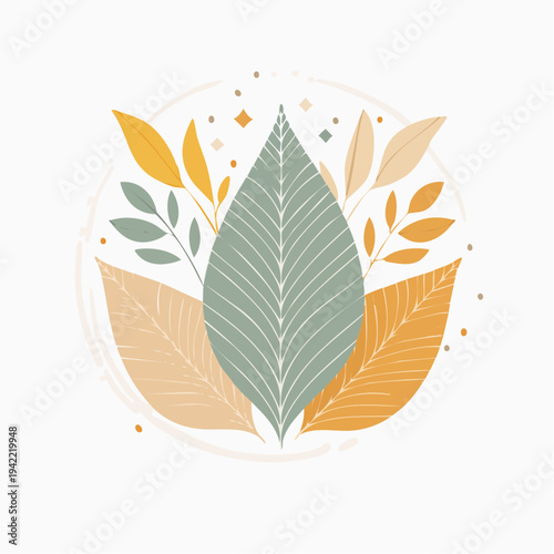 Ilustración botánica minimalista con hojas estilizadas en tonos tierra y verde, ideal para diseño.