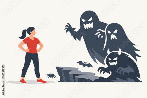 Brave Woman Confronting Her Fears and Inner Demons Vector Illustration. Confident Female Standing Against Shadowy Monsters, Ghosts, and Phobias. Concept of Mental Strength, Courage, and Empowerment.
