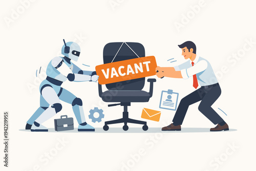 Vector Illustration of a Robot and a Businessman Competing for a Vacant Job Position, Representing the Struggle Between Artificial Intelligence and Human Labor in the Modern Workplace Market.