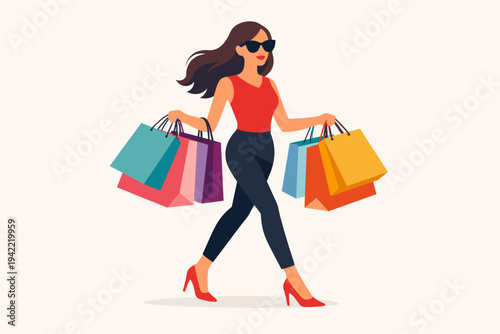 Flat vector illustration of a stylish young woman walking confidently while carrying numerous colorful shopping bags. Ideal for retail therapy, seasonal sales, black friday, and fashion concepts.