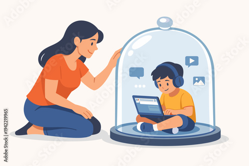 Flat Vector Illustration of a Mother Protecting her Son in a Glass Dome while he Uses a Laptop, Representing Parental Control, Cyber Safety, Internet Security, and Safe Online Environment for Kids.