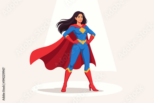 Strong superhero woman standing in a spotlight, wearing a classic blue and red costume with a flowing cape, flat vector illustration of female power, confidence, leadership, and heroic character.