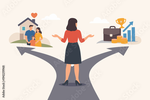 Woman standing at a fork in the road making a difficult choice between family life with a home and children, and a successful professional career with money, growth, and business achievement.