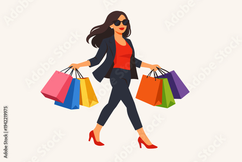 Stylish Fashionable Woman Walking with Many Colorful Shopping Bags in Both Hands, Flat Vector Illustration of a Happy Female Shopper Carrying Paper Bags After a Successful Retail Shopping Trip.