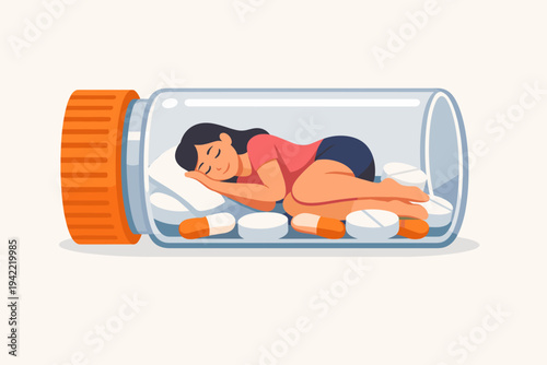 Flat vector illustration of a woman sleeping peacefully inside a transparent medicine bottle filled with pills and capsules, representing insomnia treatment, sleep aids, and medical healthcare.