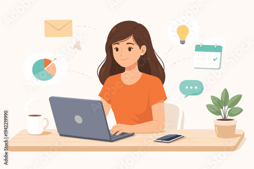 Flat vector illustration of a productive woman working on a laptop at a desk with icons for email, creativity, scheduling, and analytics. Ideal for remote work, business, and office themes.