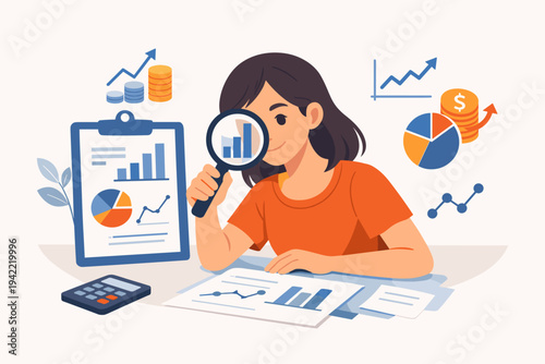 Young woman analyzing financial reports with a magnifying glass, featuring bar charts, pie graphs, and coins. Flat vector illustration for business data analysis, auditing, and investment growth.