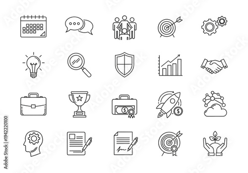 Business and management icon set, thin line style for corporate strategy, marketing, and office productivity concepts