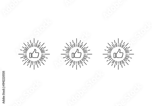 Three thumbs up icons with shining sunburst rays for social media like, approval, and success concepts