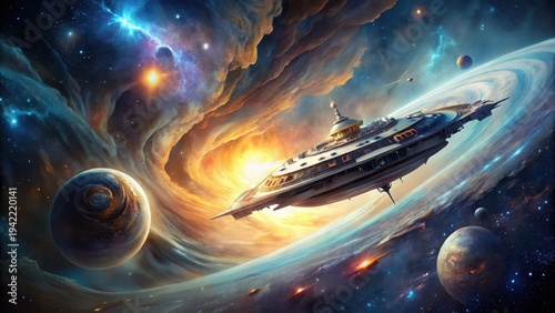 Wallpaper Mural A Majestic Starship Navigates a Celestial Vortex Amidst Glowing Nebulae and Distant Planets Torontodigital.ca