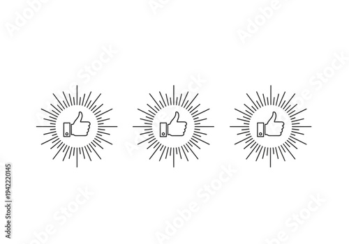 Three thumbs up icons with shining sunburst rays for social media like, approval, and success concepts